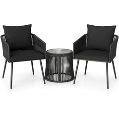 3 Piece Patio Bistro Set, 2 Black Round Rattan Armchairs Rated 400 lb with Black Cushions and a Woven Drum Side Table with Glass Top