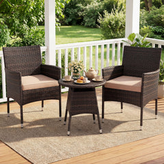 3 Piece Patio Bistro Set, 2 Hand Woven Rattan Armchairs with Beige Cushions and 21 in Round Woven Table at Chair Height