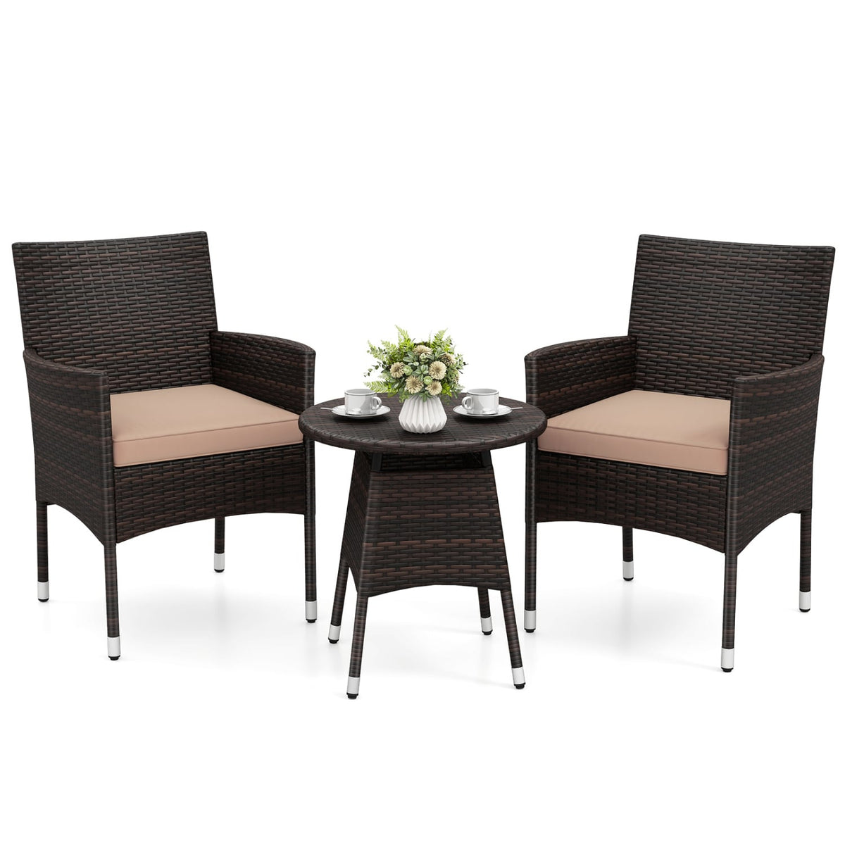 3 Piece Patio Bistro Set, 2 Hand Woven Rattan Armchairs with Beige Cushions and 21 in Round Woven Table at Chair Height