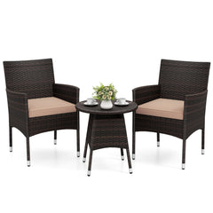 3 Piece Patio Bistro Set, 2 Hand Woven Rattan Armchairs with Beige Cushions and 21 in Round Woven Table at Chair Height