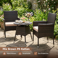 3 Piece Patio Bistro Set, 2 Hand Woven Rattan Armchairs with Beige Cushions and 21 in Round Woven Table at Chair Height