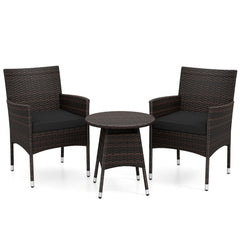 3 Piece Patio Bistro Set, 2 Hand Woven Rattan Armchairs with Black Cushions and 21 in Round Woven Table at Chair Height