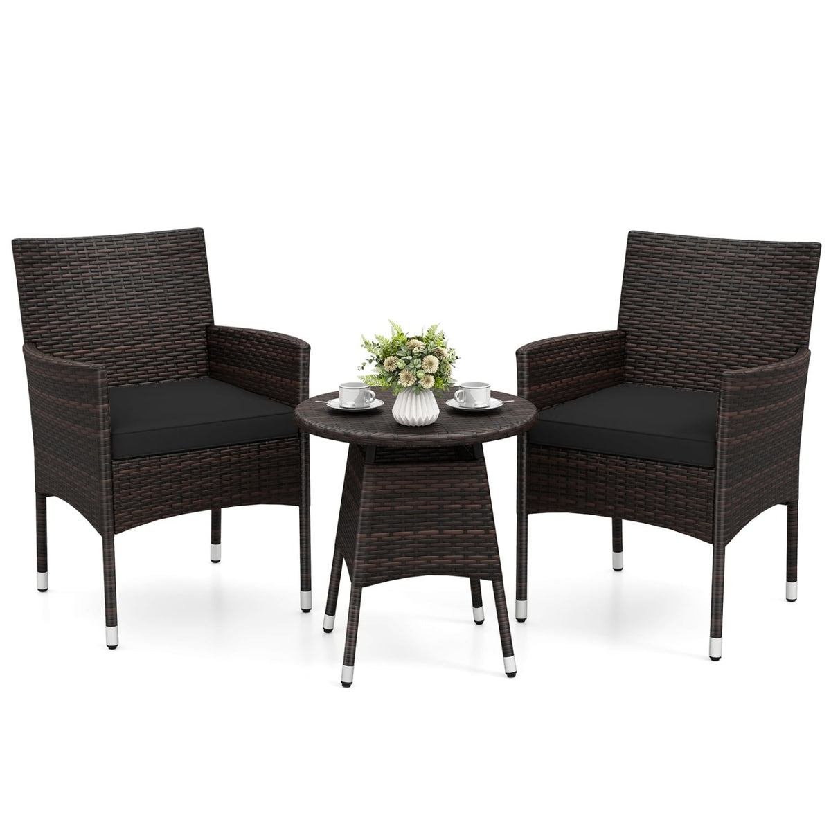 3 Piece Patio Bistro Set, 2 Hand Woven Rattan Armchairs with Black Cushions and 21 in Round Woven Table at Chair Height