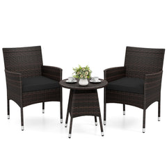 3 Piece Patio Bistro Set, 2 Hand Woven Rattan Armchairs with Black Cushions and 21 in Round Woven Table at Chair Height