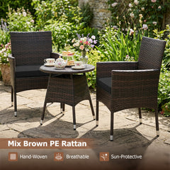 3 Piece Patio Bistro Set, 2 Hand Woven Rattan Armchairs with Black Cushions and 21 in Round Woven Table at Chair Height