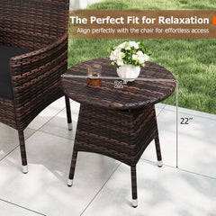 3 Piece Patio Bistro Set, 2 Hand Woven Rattan Armchairs with Black Cushions and 21 in Round Woven Table at Chair Height