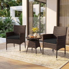 3 Piece Patio Bistro Set, 2 Hand Woven Rattan Armchairs with Black Cushions and 21 in Round Woven Table at Chair Height