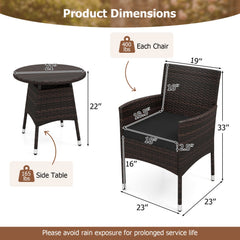 3 Piece Patio Bistro Set, 2 Hand Woven Rattan Armchairs with Black Cushions and 21 in Round Woven Table at Chair Height