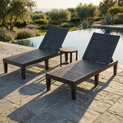 3 Piece Patio Lounge Set, Two Slatted Recliners and a Round Side Table