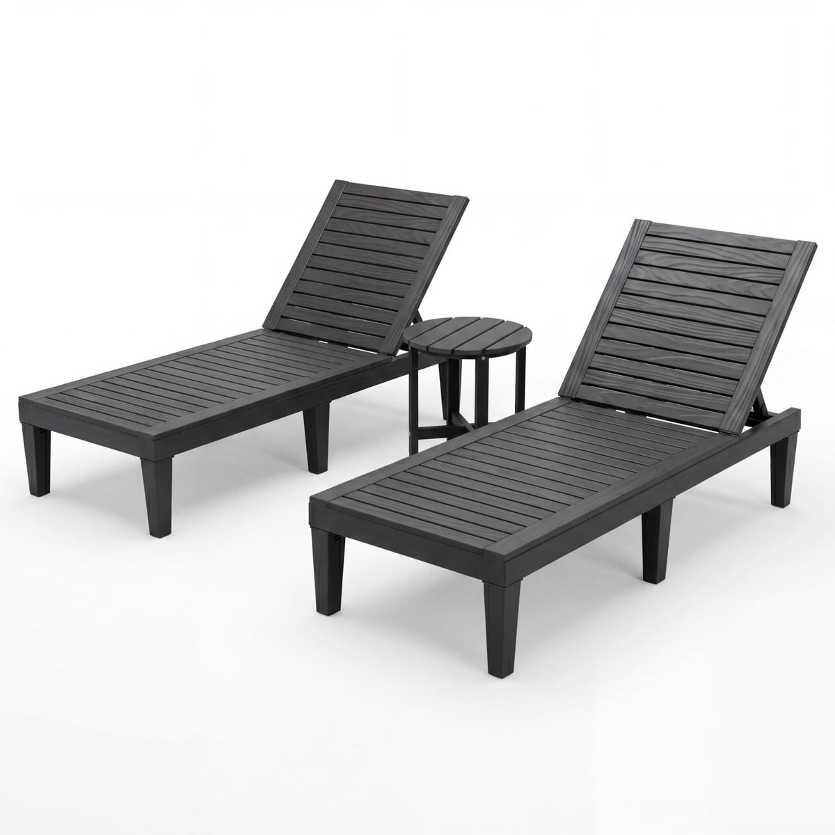 3 Piece Patio Lounge Set, Two Slatted Recliners and a Round Side Table