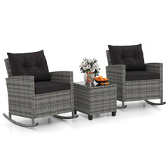 3 Piece Patio Rattan Rocking Chair Set, 2 Mix Grey Wicker Rockers Rated 400 lb with Dark Brown Cushions and an 18 in Glass Top Table