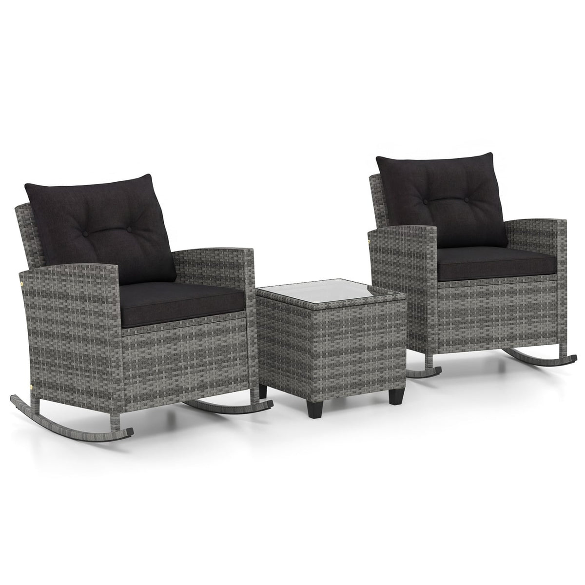 3 Piece Patio Rattan Rocking Chair Set, 2 Mix Grey Wicker Rockers Rated 400 lb with Dark Brown Cushions and an 18 in Glass Top Table
