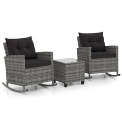 3 Piece Patio Rattan Rocking Chair Set, 2 Mix Grey Wicker Rockers Rated 400 lb with Dark Brown Cushions and an 18 in Glass Top Table