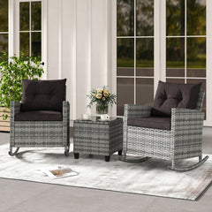 3 Piece Patio Rattan Rocking Chair Set, 2 Mix Grey Wicker Rockers Rated 400 lb with Dark Brown Cushions and an 18 in Glass Top Table