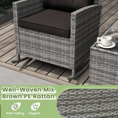 3 Piece Patio Rattan Rocking Chair Set, 2 Mix Grey Wicker Rockers Rated 400 lb with Dark Brown Cushions and an 18 in Glass Top Table