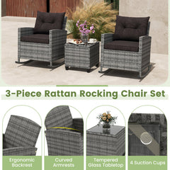 3 Piece Patio Rattan Rocking Chair Set, 2 Mix Grey Wicker Rockers Rated 400 lb with Dark Brown Cushions and an 18 in Glass Top Table