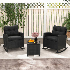 3 Piece Patio Rattan Rocking Chair Set, 2 Black Wicker Rockers Rated 400 lb with Black Cushions and an 18 in Glass Top Table