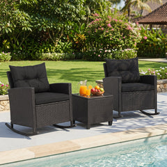 3 Piece Patio Rattan Rocking Chair Set, 2 Black Wicker Rockers Rated 400 lb with Black Cushions and an 18 in Glass Top Table