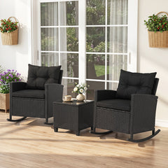 3 Piece Patio Rattan Rocking Chair Set, 2 Black Wicker Rockers Rated 400 lb with Black Cushions and an 18 in Glass Top Table