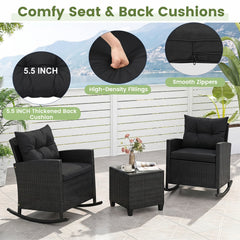 3 Piece Patio Rattan Rocking Chair Set, 2 Black Wicker Rockers Rated 400 lb with Black Cushions and an 18 in Glass Top Table