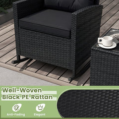 3 Piece Patio Rattan Rocking Chair Set, 2 Black Wicker Rockers Rated 400 lb with Black Cushions and an 18 in Glass Top Table