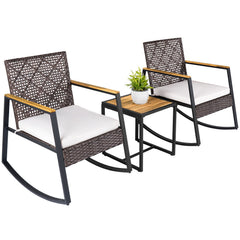 3 Piece Patio Wicker Rocking Chair Set, 2 Diamond Back Rockers with Beige Cushions and a 17 in WPC Top Table
