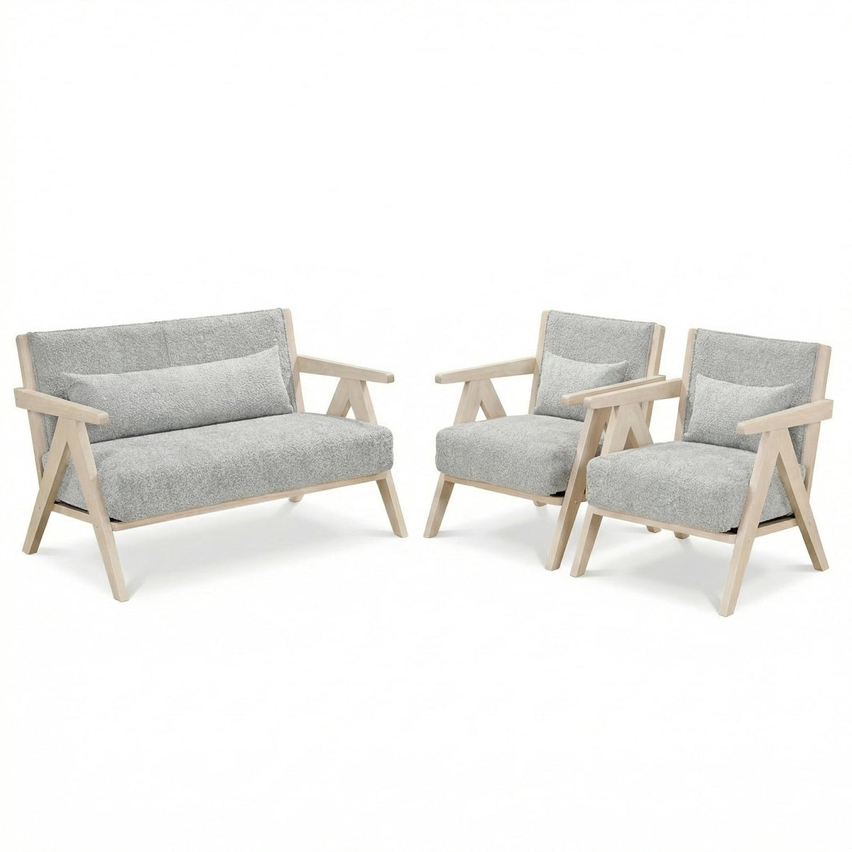 3 Piece Living Room Set in Grey Chenille, 43 in Loveseat and 2 Armchairs on Rubber Wood Frames