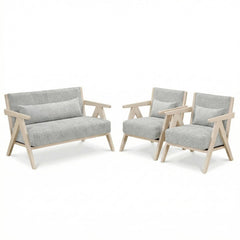 3 Piece Living Room Set in Grey Chenille, 43 in Loveseat and 2 Armchairs on Rubber Wood Frames