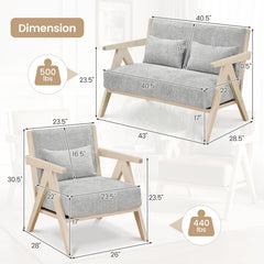 3 Piece Living Room Set in Grey Chenille, 43 in Loveseat and 2 Armchairs on Rubber Wood Frames