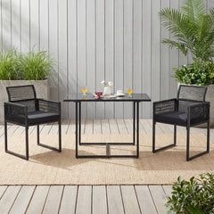 3 Piece Outdoor Dining Set for 2, 42.5 Inch Tempered Glass Table and 2 Chairs with Folding Backrests, Black