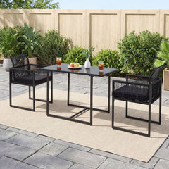 3 Piece Outdoor Dining Set for 2, 42.5 Inch Tempered Glass Table and 2 Chairs with Folding Backrests, Black