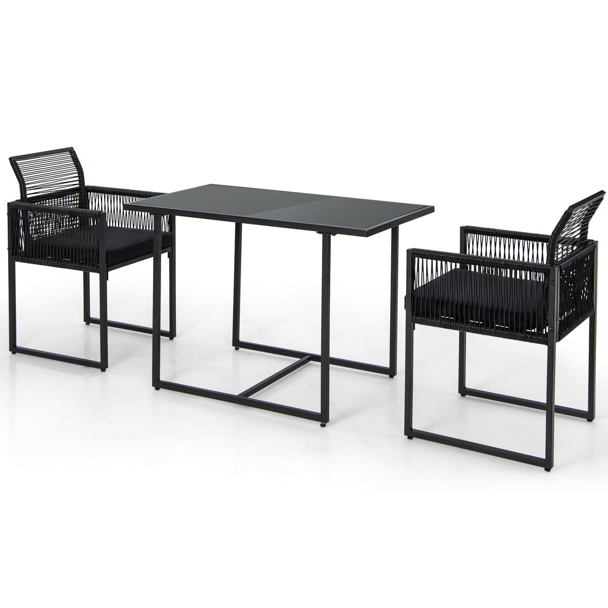 3 Piece Outdoor Dining Set for 2, 42.5 Inch Tempered Glass Table and 2 Chairs with Folding Backrests, Black