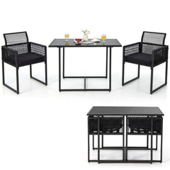 3 Piece Outdoor Dining Set for 2, 42.5 Inch Tempered Glass Table and 2 Chairs with Folding Backrests, Black
