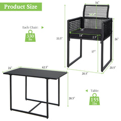 3 Piece Outdoor Dining Set for 2, 42.5 Inch Tempered Glass Table and 2 Chairs with Folding Backrests, Black