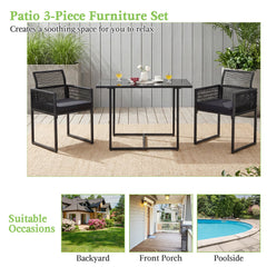 3 Piece Outdoor Dining Set for 2, 42.5 Inch Tempered Glass Table and 2 Chairs with Folding Backrests, Black