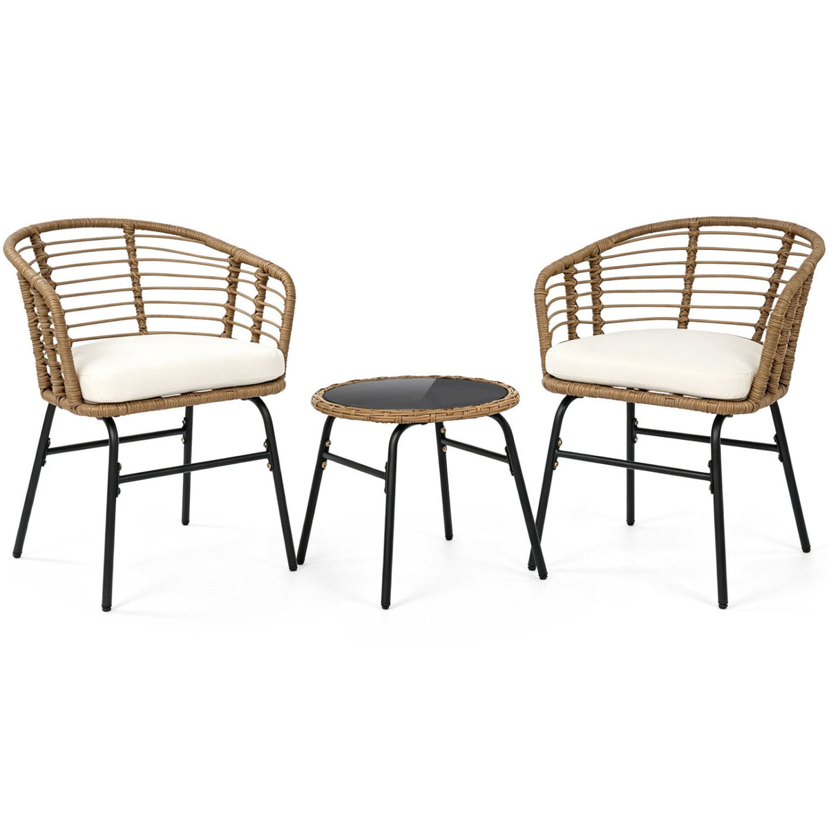 3 Piece Patio Bistro Set, 2 Round Weave Rattan Chairs Rated 400 lb with Cream Cushions and Round Tempered Glass Table
