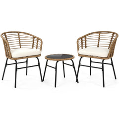 3 Piece Patio Bistro Set, 2 Round Weave Rattan Chairs Rated 400 lb with Cream Cushions and Round Tempered Glass Table