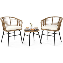 3 Piece Patio Bistro Set, 2 Round Weave Rattan Chairs Rated 400 lb with Cream Cushions and Round Tempered Glass Table