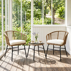 3 Piece Patio Bistro Set, 2 Round Weave Rattan Chairs Rated 400 lb with Cream Cushions and Round Tempered Glass Table