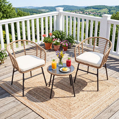 3 Piece Patio Bistro Set, 2 Round Weave Rattan Chairs Rated 400 lb with Cream Cushions and Round Tempered Glass Table