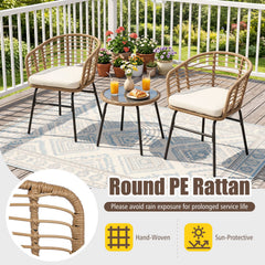 3 Piece Patio Bistro Set, 2 Round Weave Rattan Chairs Rated 400 lb with Cream Cushions and Round Tempered Glass Table