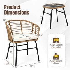 3 Piece Patio Bistro Set, 2 Round Weave Rattan Chairs Rated 400 lb with Cream Cushions and Round Tempered Glass Table