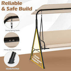 3-Seat Patio Swing Chair with Adjustable Canopy & Removable Cushion-Beige
