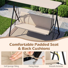 3-Seat Patio Swing Chair with Adjustable Canopy & Removable Cushion-Beige
