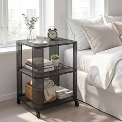 3-Tier End Table with Wheels Rolling Side Table with Open Storage Shelves-1 Piece