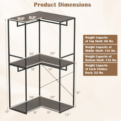 3-Tier Heavy Duty Clothes Rack with 3 Shelves & 2 Hanging Racks-Black & Brown