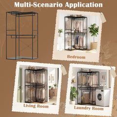 3-Tier Heavy Duty Clothes Rack with 3 Shelves & 2 Hanging Racks-Black & Brown