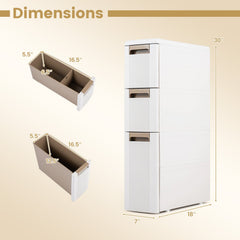 3-Tier Narrow Storage Cabinet, Slim Rolling Cart with 3 Drawers and 2 Removable Dividers-S