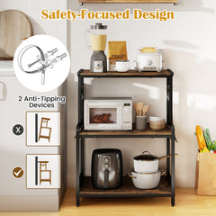 3-Tier Rolling Microwave Cart with Power Outlet and Lockable Wheels and 10 Hooks-Rustic Brown