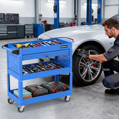 3 Tier Rolling Tool Cart with Lockable Drawer for Garage and Workshop-Blue